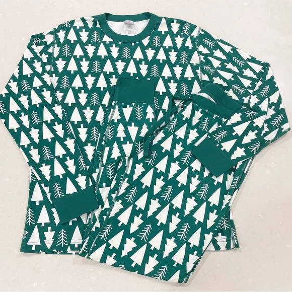 Hanna Andersson Unisex Holiday Long John Pajama Set Top Pants Green Trees XL