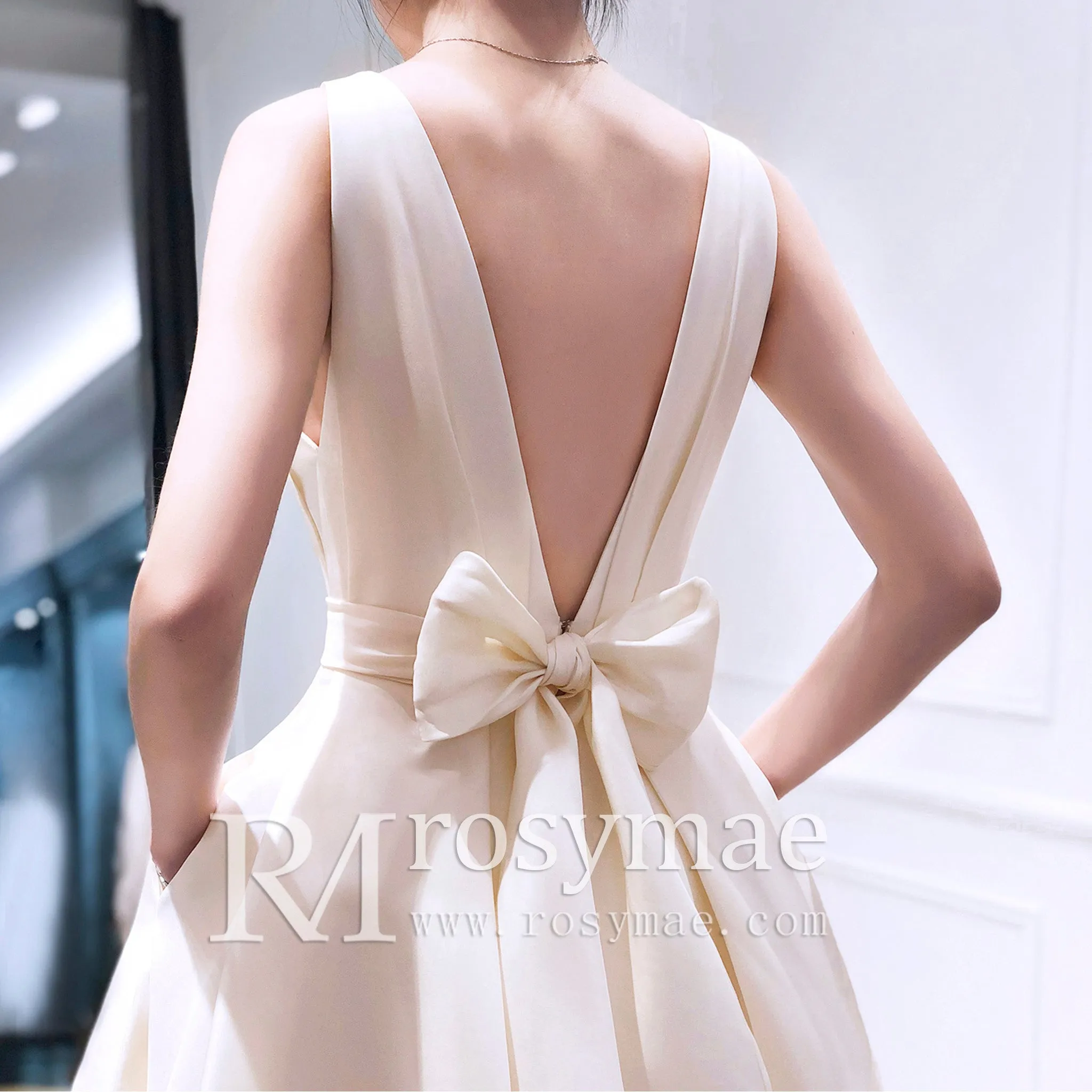 High Low Satin A-line Wedding Dress with Tank V-neck for Women
