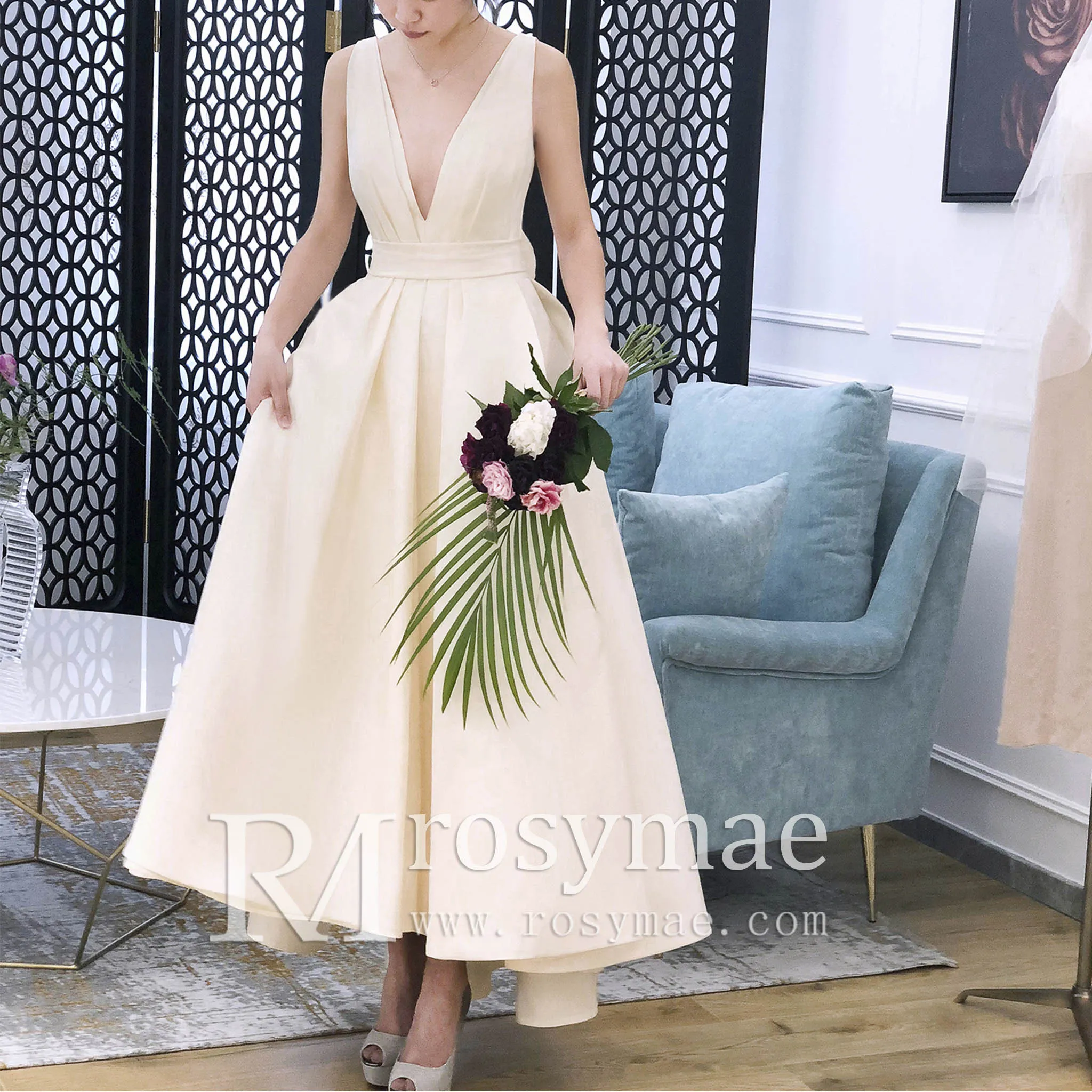 High Low Satin A-line Wedding Dress with Tank V-neck for Women