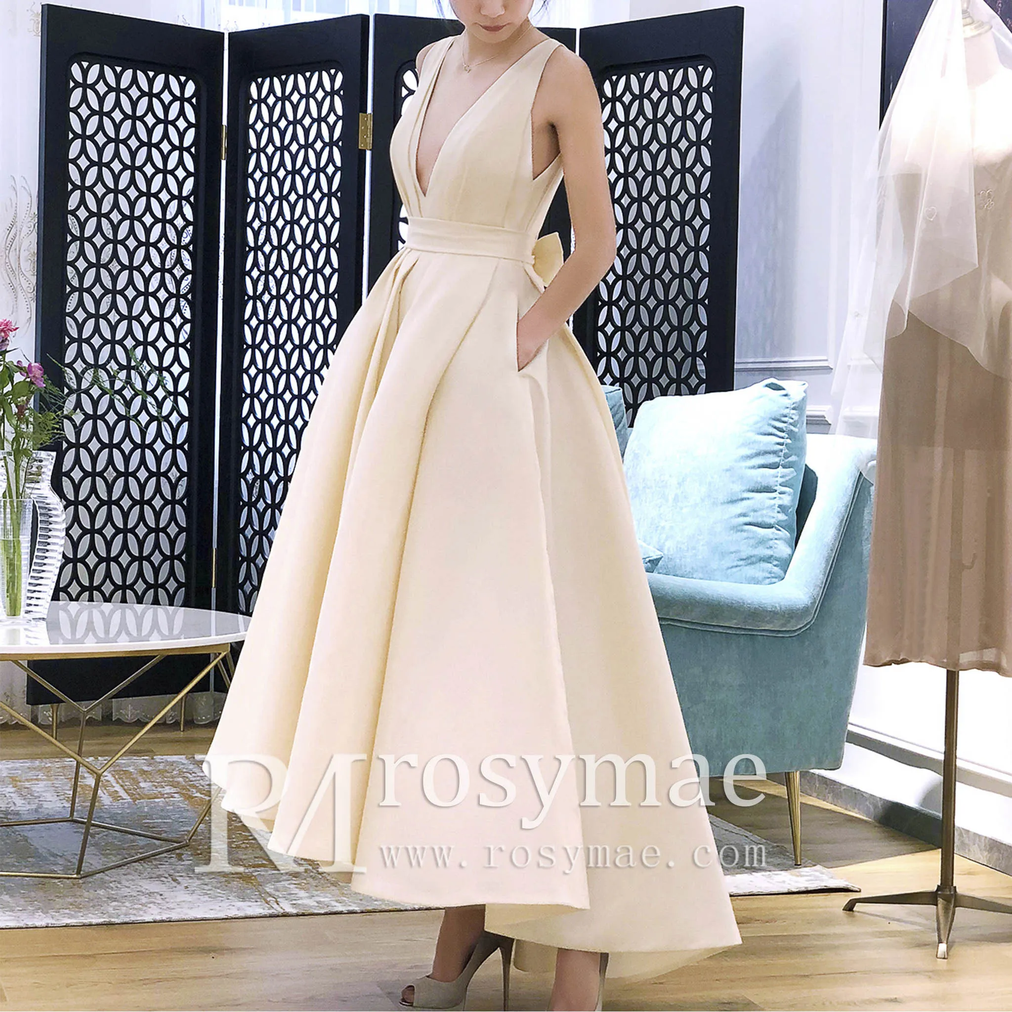 High Low Satin A-line Wedding Dress with Tank V-neck for Women