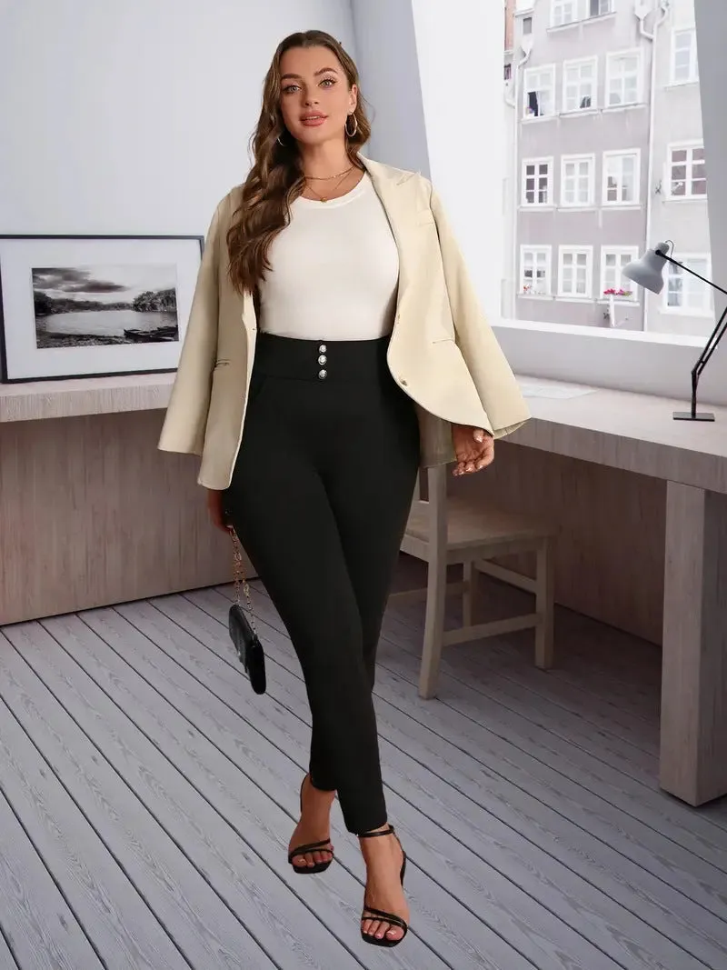 High-Waist Slim-Fit Elegant Button Detail Pants