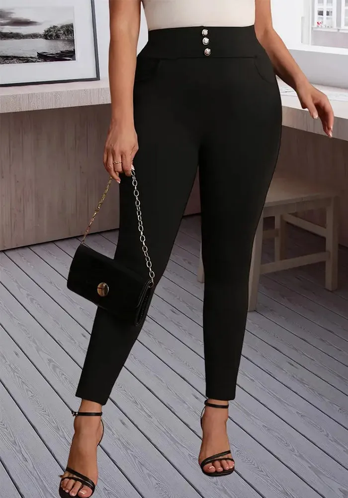 High-Waist Slim-Fit Elegant Button Detail Pants