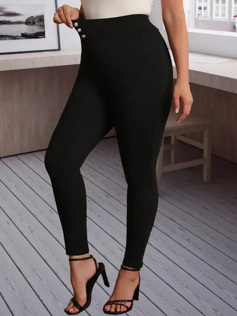 High-Waist Slim-Fit Elegant Button Detail Pants