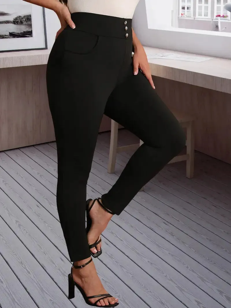 High-Waist Slim-Fit Elegant Button Detail Pants