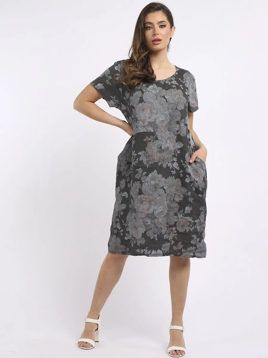Italian Classic Shift Soft Floral Charcoal Linen Dress Sz 10-16