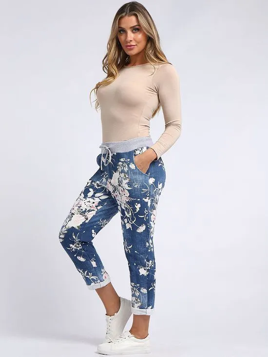 Italian Stretch Cotton Trousers ~ Floral Blue