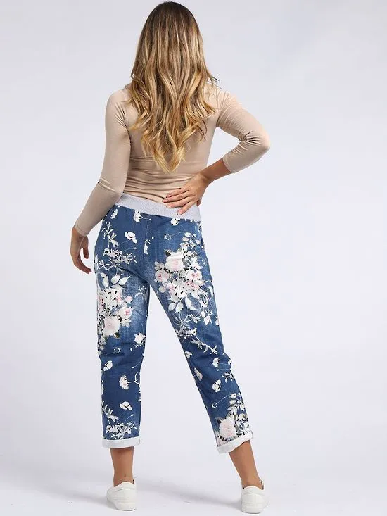 Italian Stretch Cotton Trousers ~ Floral Blue