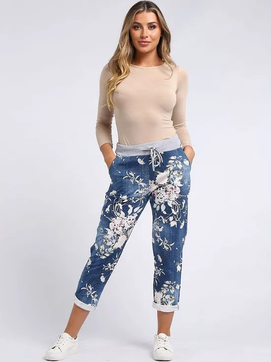 Italian Stretch Cotton Trousers ~ Floral Blue