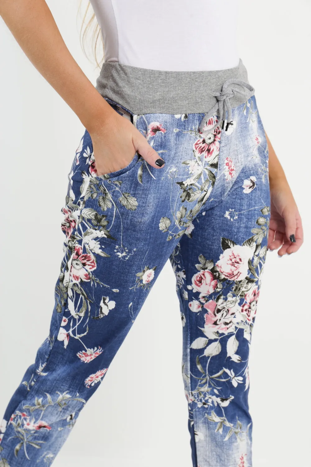 Italian Stretch Cotton Trousers ~ Floral Blue