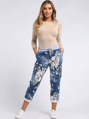 Italian Stretch Cotton Trousers ~ Floral Blue