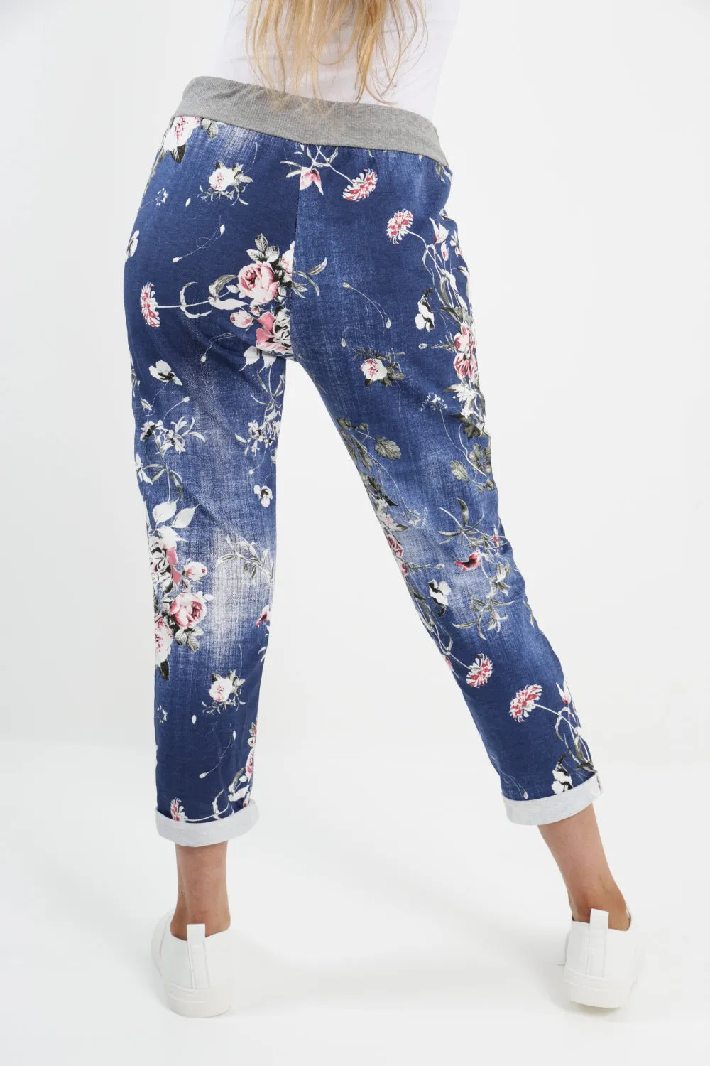 Italian Stretch Cotton Trousers ~ Floral Blue