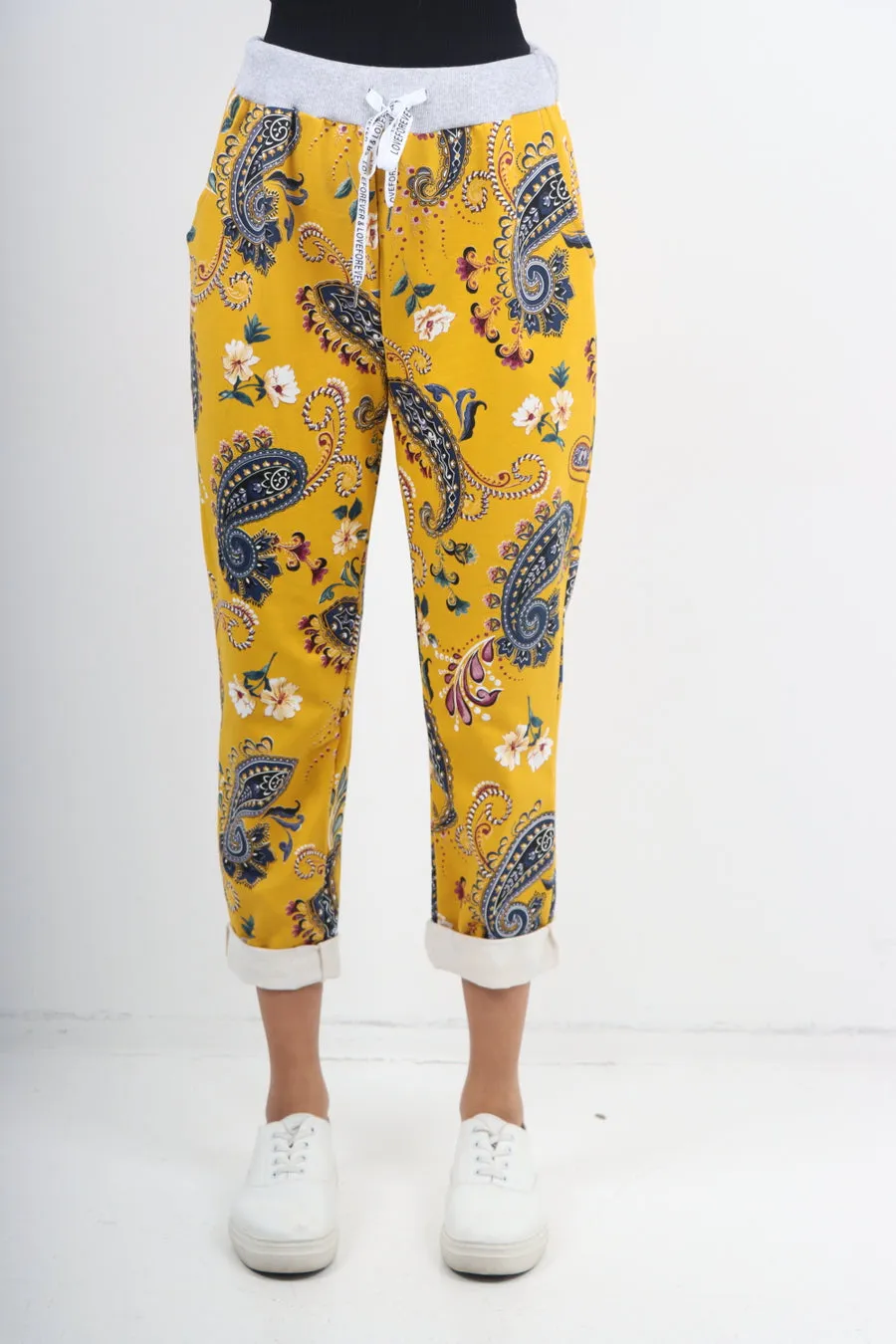 Italian Stretch Cotton Trousers ~ Paisley Mustard ~ ONE SIZE