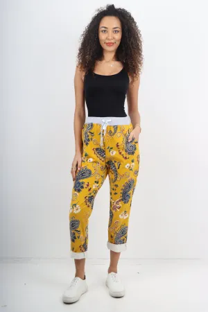 Italian Stretch Cotton Trousers ~ Paisley Mustard ~ ONE SIZE