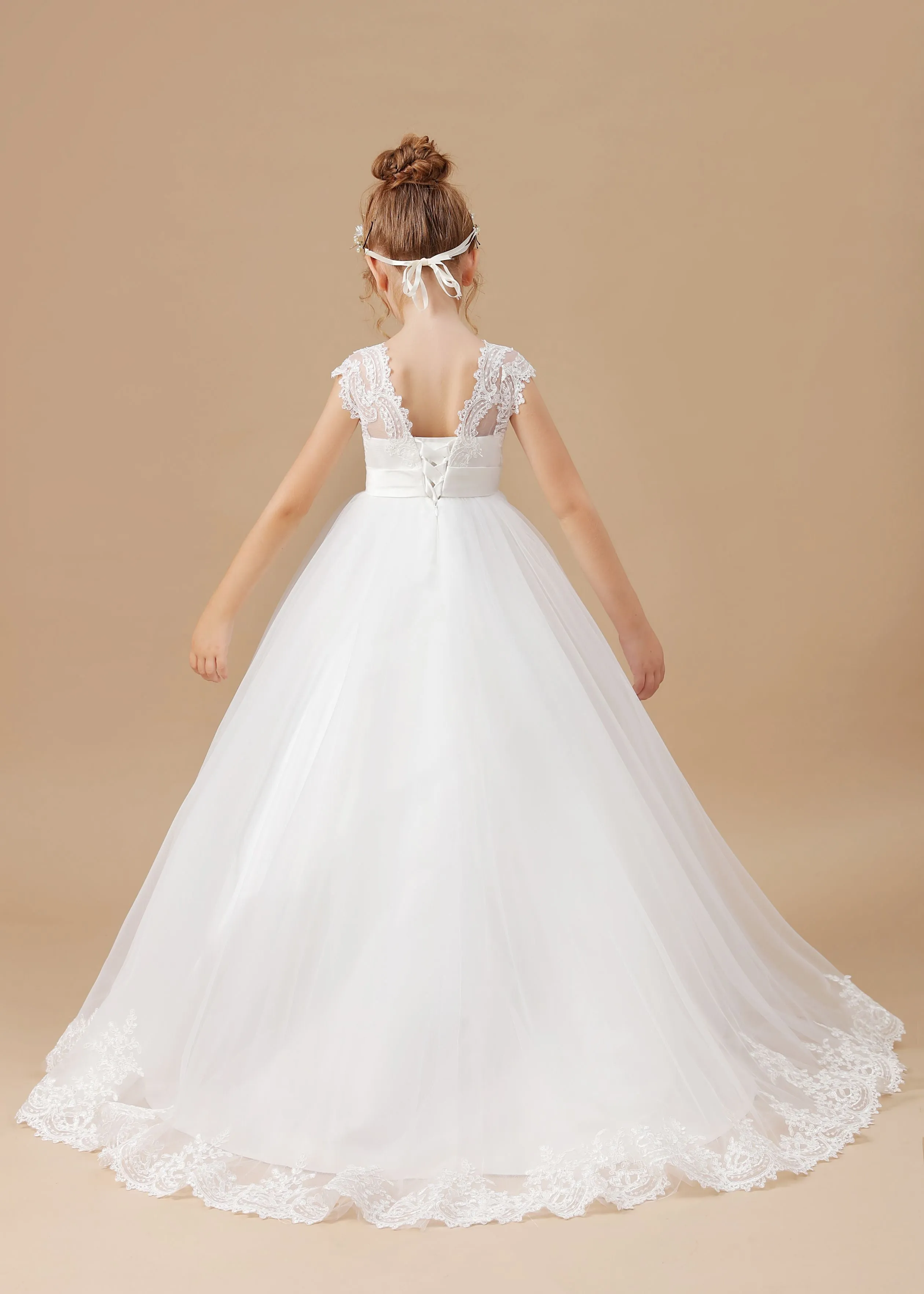 Ivory Floor-length V-neck Lace Tulle Satin Flower Girl Dresses