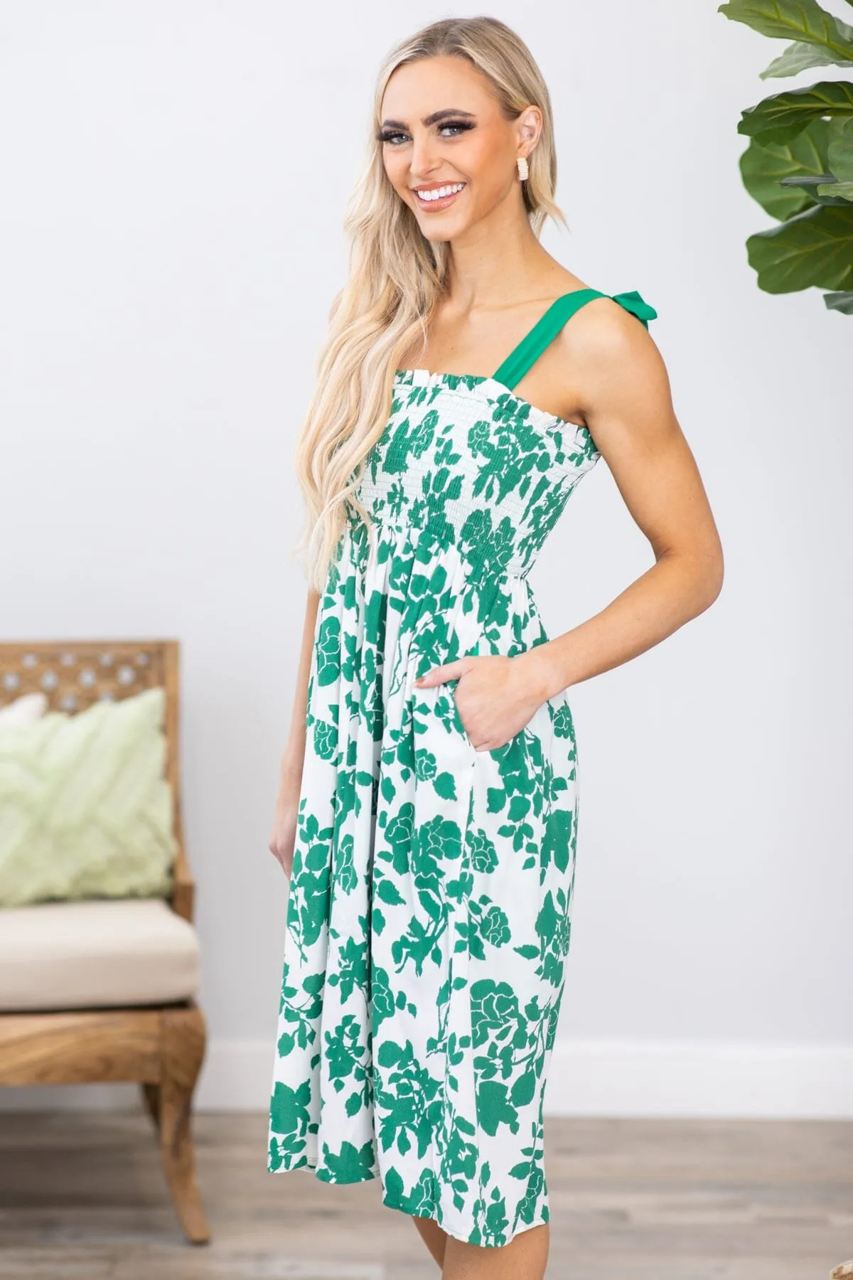 Jade and White Smocked Bodice Floral Dress