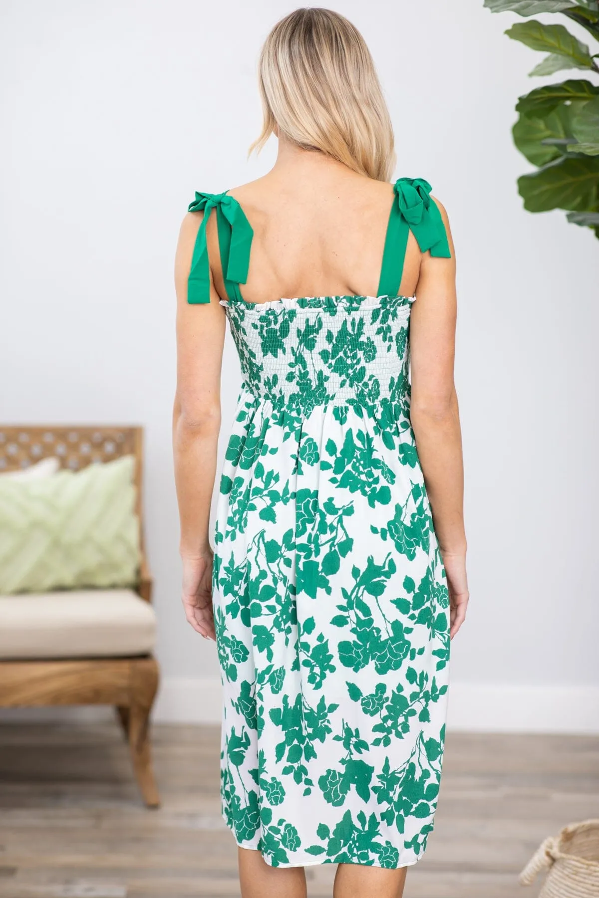 Jade and White Smocked Bodice Floral Dress