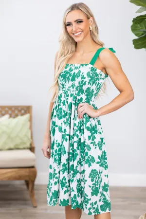 Jade and White Smocked Bodice Floral Dress
