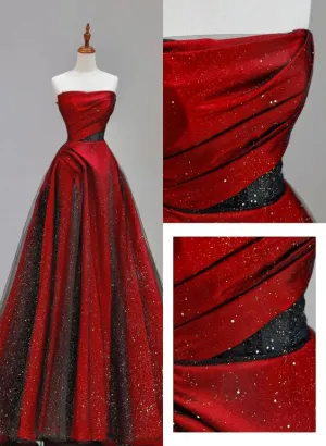 JazzHer Elegant A line Strapless Red Satin Prom Dresses With Black Tulle Long Evening Dress (PRE-ORDER)