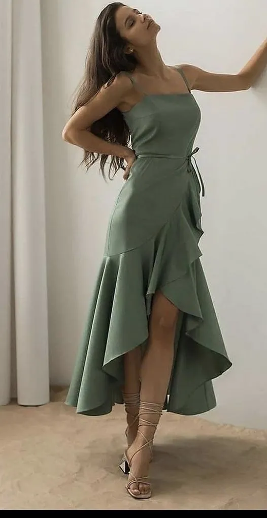 JazzHer Elegant High Low Spaghetti Straps Satin Tea Length Green Prom Dress Evening Dresses (PRE-ORDER)