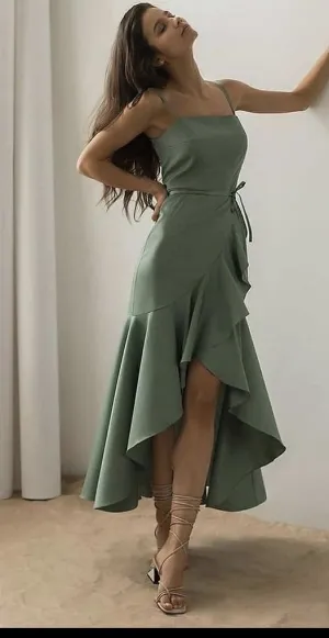 JazzHer Elegant High Low Spaghetti Straps Satin Tea Length Green Prom Dress Evening Dresses (PRE-ORDER)