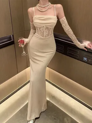 JazzHer Elegant Sheath Spaghetti Straps Ivory Lace Fold Prom Dresses Long Evening Dress With Gloves (PRE-ORDER)