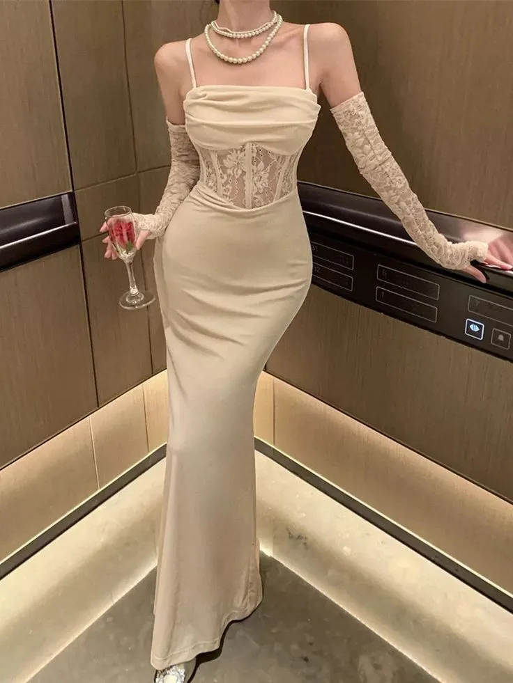 JazzHer Elegant Sheath Spaghetti Straps Ivory Lace Fold Prom Dresses Long Evening Dress With Gloves (PRE-ORDER)