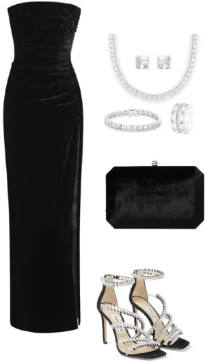 JazzHer Elegant Sheath Strapless Black Velvet Long Prom Dresses Evening Dress (PRE-ORDER)