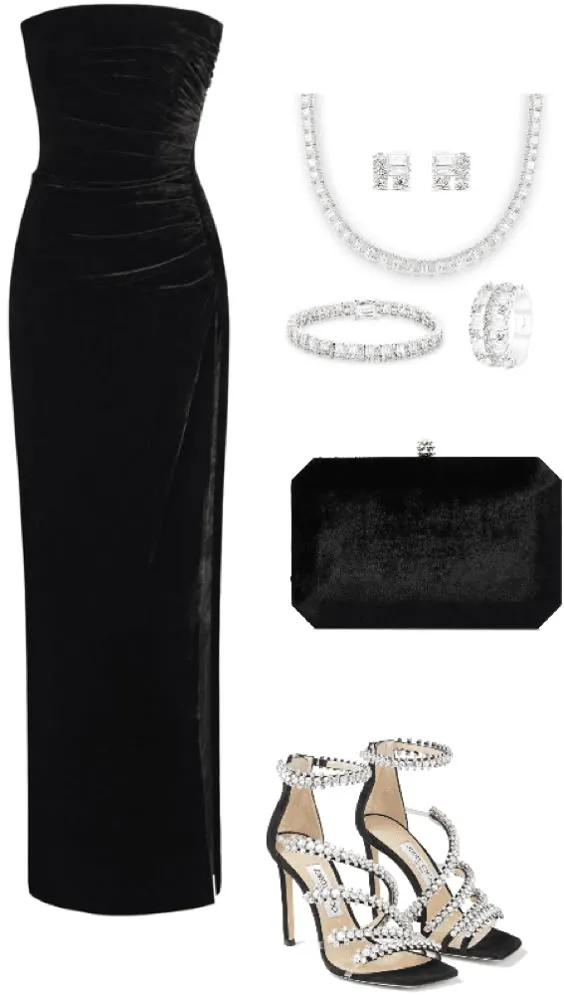 JazzHer Elegant Sheath Strapless Black Velvet Long Prom Dresses Evening Dress (PRE-ORDER)