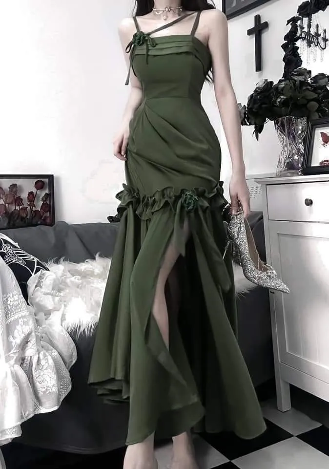 JazzHer Elegant Sheath Straps Sleeveless Olive Green Satin Slit Prom Dresses Long Evening Dress (PRE-ORDER)