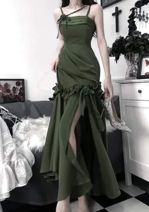 JazzHer Elegant Sheath Straps Sleeveless Olive Green Satin Slit Prom Dresses Long Evening Dress (PRE-ORDER)