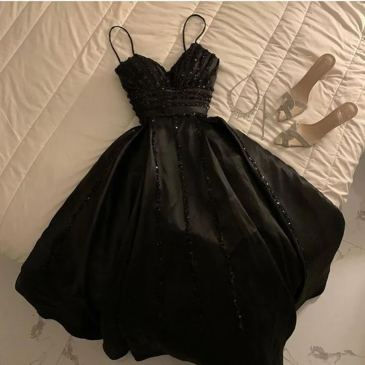 JazzHer Gorgeous Ball Gown Straps Sleeveless Black Satin Prom Dresses Long Evening Dress (PRE-ORDER)
