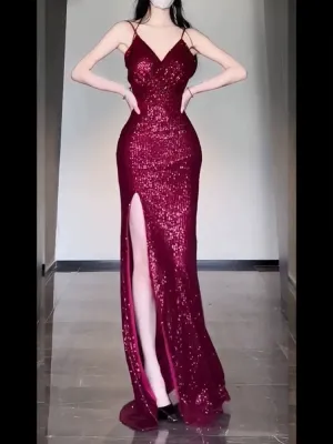 JazzHer Gorgeous Sheath Spaghetti Straps Burgundy Sequin Long Evening Dress Prom Dresses Birthday Outfits (PRE-ORDER)