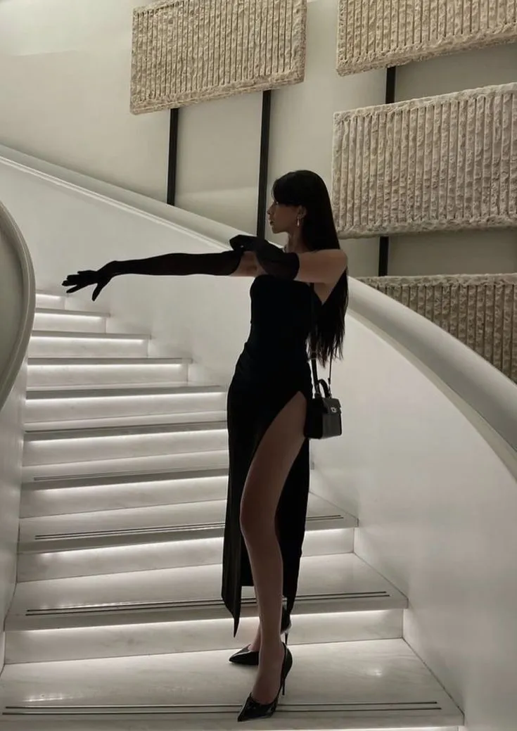JazzHer Modest Sheath Strapless Black Satin Slit Prom Dresses Evening Dress (PRE-ORDER)