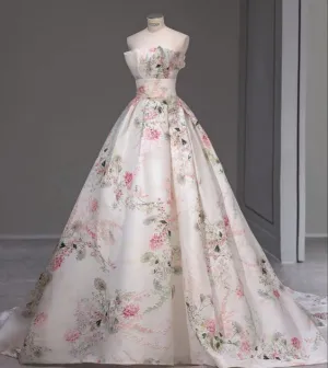 JazzHer Pretty Ball Gown Strapless Tulle Long Floral Pink Floor Length Prom Dresses Sweet  Dresses (PRE-ORDER)