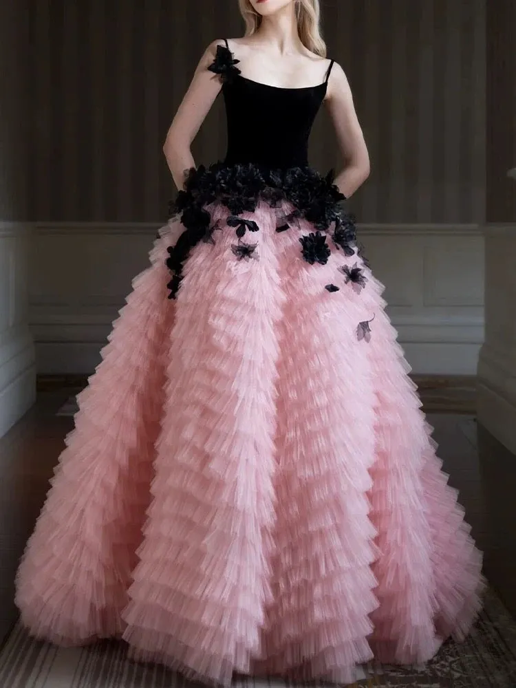 JazzHer Pretty Ball Gown Straps Tulle Layers Long Pink Ruffles Prom Dresses Sweet  Dresses (PRE-ORDER)