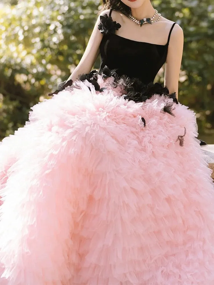 JazzHer Pretty Ball Gown Straps Tulle Layers Long Pink Ruffles Prom Dresses Sweet  Dresses (PRE-ORDER)