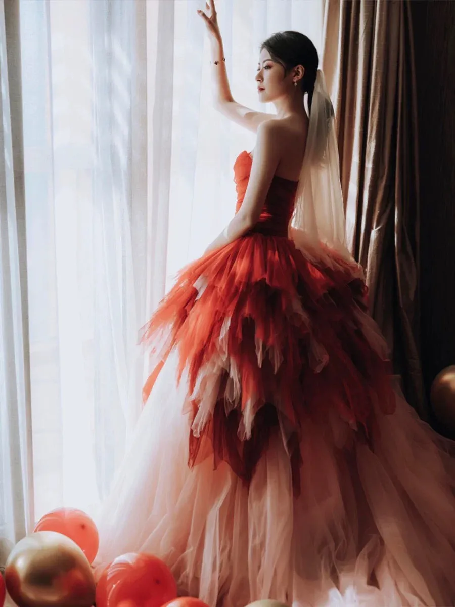 JazzHer Pretty Ball Gown Sweetheart Tulle Long Red Layers Prom Dresses Sweet  Dresses (PRE-ORDER)
