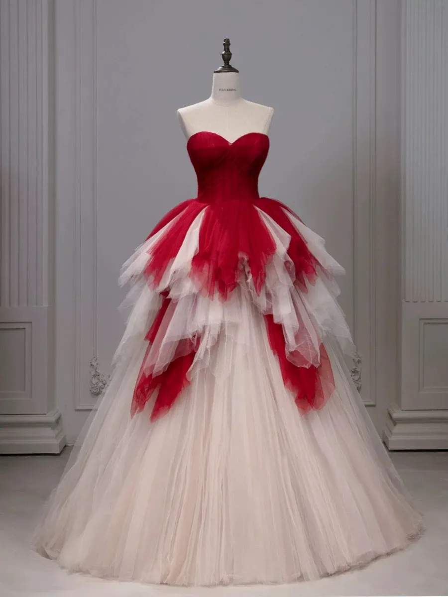 JazzHer Pretty Ball Gown Sweetheart Tulle Long Red Layers Prom Dresses Sweet  Dresses (PRE-ORDER)