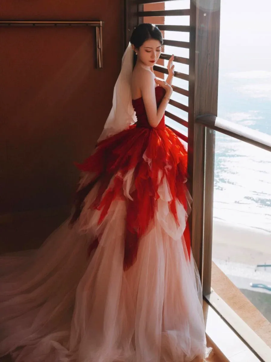 JazzHer Pretty Ball Gown Sweetheart Tulle Long Red Layers Prom Dresses Sweet  Dresses (PRE-ORDER)