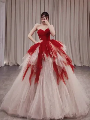 JazzHer Pretty Ball Gown Sweetheart Tulle Long Red Layers Prom Dresses Sweet  Dresses (PRE-ORDER)