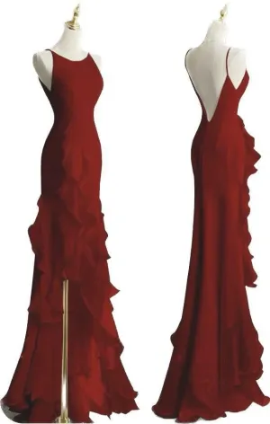 JazzHer Pretty Sheath Boat Sleeveless Burgundy Long Chiffon Prom Dresses Evening Dress (PRE-ORDER)