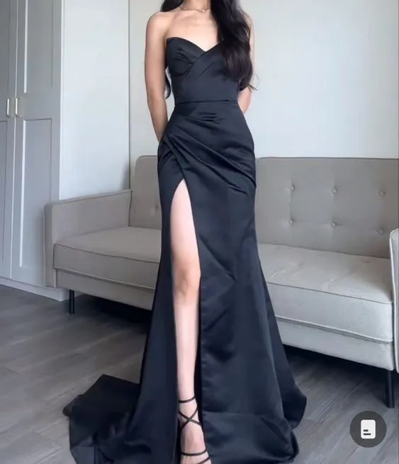JazzHer Pretty Sheath Sweetheart Slit Black Satin Prom Dresses Evening Dress (PRE-ORDER)