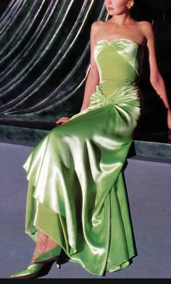 JazzHer Vintage A line Strapless Satin Long Mint Green Prom Dresses Evening Dress With Fold (PRE-ORDER)
