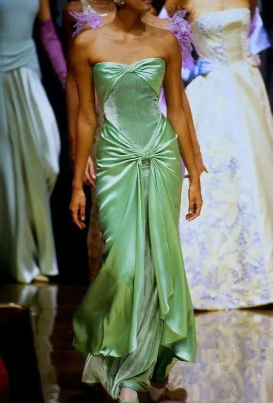 JazzHer Vintage A line Strapless Satin Long Mint Green Prom Dresses Evening Dress With Fold (PRE-ORDER)