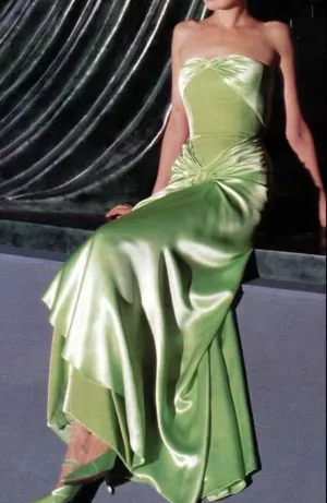 JazzHer Vintage A line Strapless Satin Long Mint Green Prom Dresses Evening Dress With Fold (PRE-ORDER)