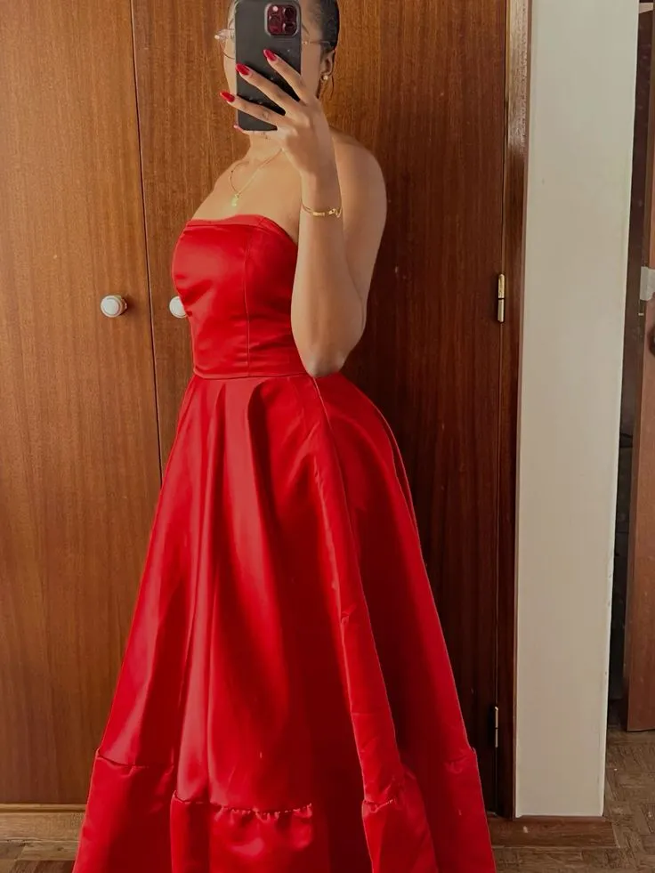 JazzHer Vintage Ball Gown Strapless Red Tea Length Prom Dresses Evening Gowns (PRE-ORDER)