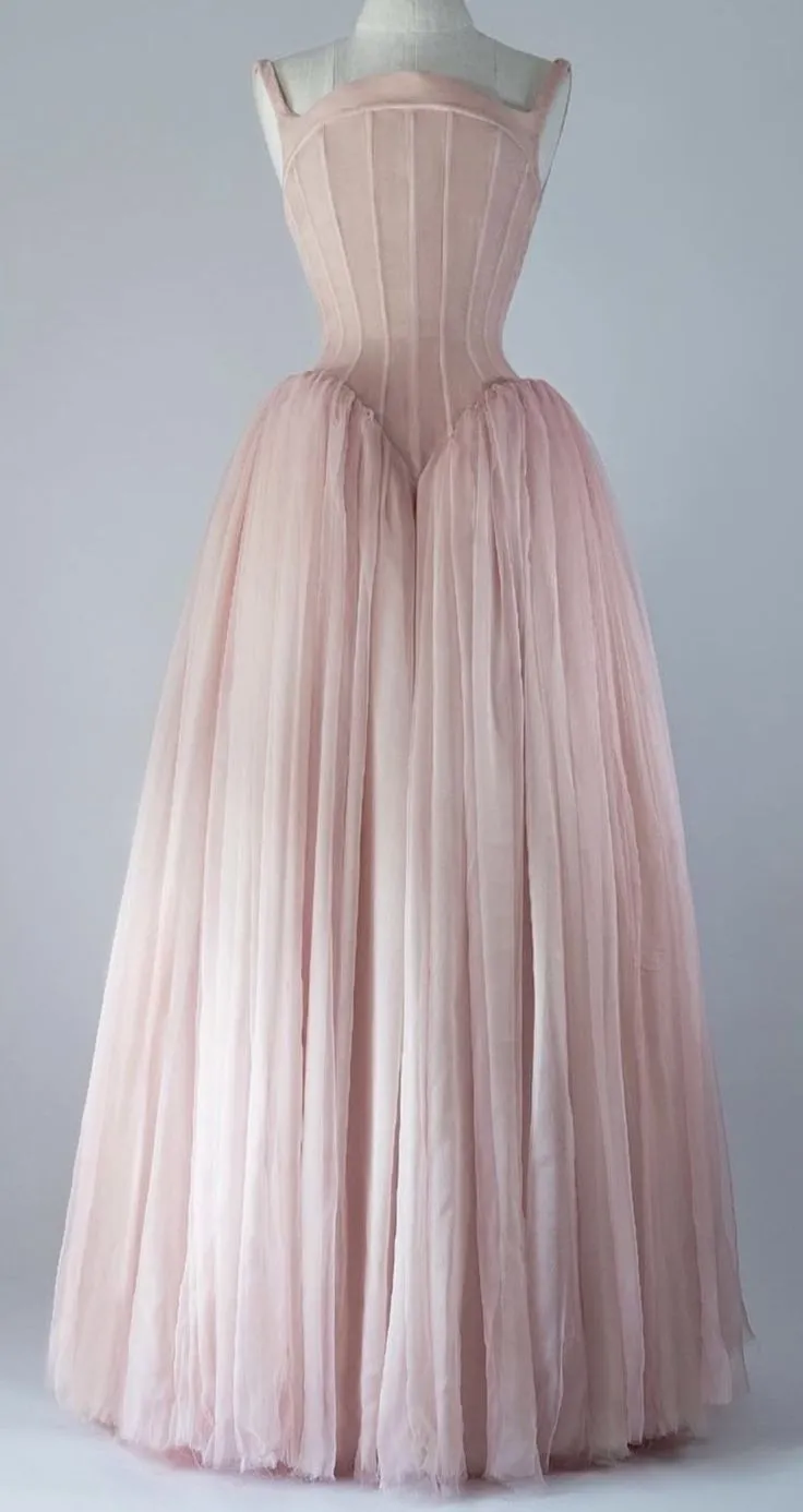 JazzHer Vintage Ball Gown Straps Pink Tulle Long Length Prom Dresses Birthday Outfits (PRE-ORDER)