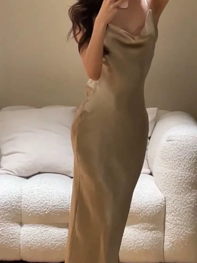 JazzHer Vintage Mermaid Spaghetti Straps Champagne Sleeveless Satin Prom Dresses Birthday Party Dress (PRE-ORDER)