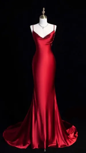 JazzHer Vintage Mermaid Spaghetti Straps Red Satin Long Length Prom Dresses Birthday Outfits (PRE-ORDER)