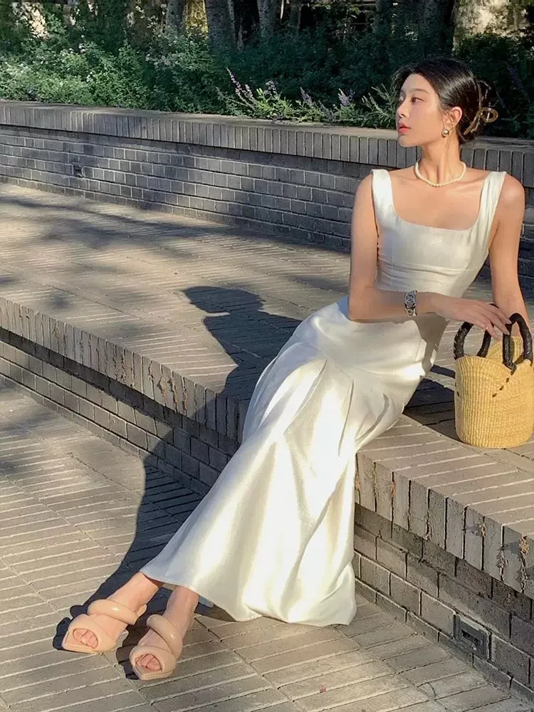 JazzHer Vintage Mermaid Square Neckline White Sleeveless Satin Prom Dresses Birthday Party Dress (PRE-ORDER)